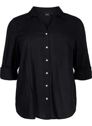 Zizzi Skjortebluse med knaplukning i bomuldsmix med hør, Black, Packshot image number 0