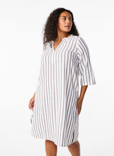 Zizzi Stribet tunikakjole i hør-viskosemix, White Stripe, Model image number 0