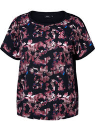 Løs t-shirt med blomsterprint, Black Purple Fl. AOP