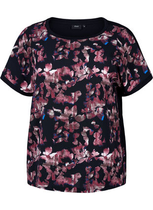 Zizzi Løs t-shirt med blomsterprint, Black Purple Fl. AOP, Packshot image number 0