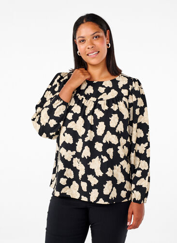 Zizzi Langærmet bluse med print og sløjfer, Black AOP, Model image number 0