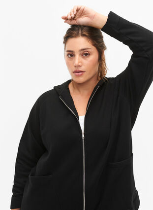 Zizzi Sweat cardigan med hætte, Black, Model image number 2