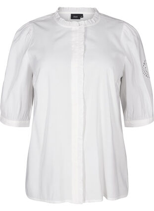 Zizzi Skjortebluse med flæser og broderi anglaise, Bright White, Packshot image number 0