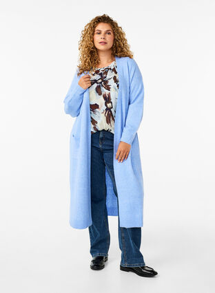 Zizzi Lang strikcardigan med lommer, Cornflower Blue Mel., Model image number 0