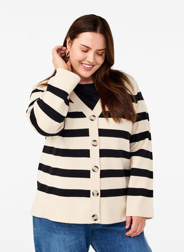 Zizzi Stribet strikcardigan med v-hals, Birch w. Black, Model image number 0