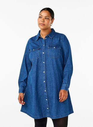 Zizzi Denimkjole med knapper, Medium Blue Denim, Model image number 0