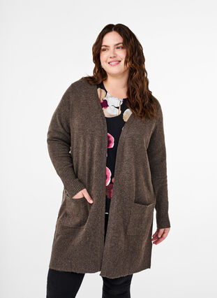 Zizzi Meleret strik cardigan med lommer, Espresso Mel., Model image number 0