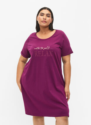 Zizzi Kortærmet natkjole i økologisk bomuld, Dark Purple Relax, Model image number 0