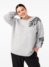 Strikbluse med dekorativt mønster , Light Grey Melange, Model