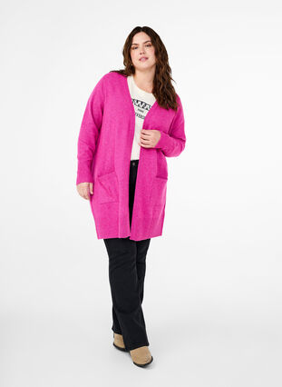 Zizzi Meleret strik cardigan med lommer, F. Red White Mel., Model image number 2