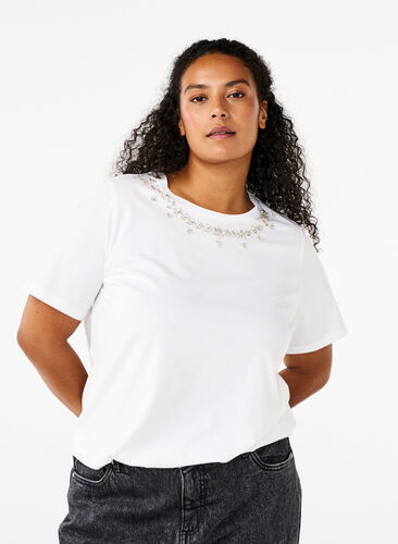 Zizzi T-shirt med rund hals og rhinsten, Bright White, Model image number 0