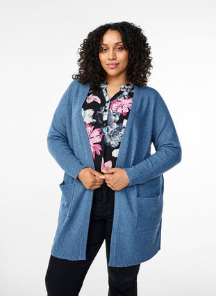 Zizzi Meleret strik cardigan med lommer, Bering S. White Mel., Model image number 0