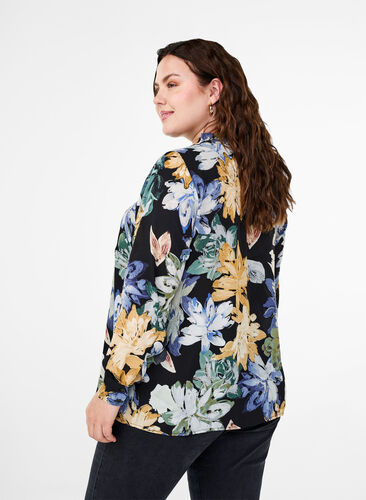 Zizzi Langærmet bluse med blomsterprint, Yellow Flower AOP, Model image number 1