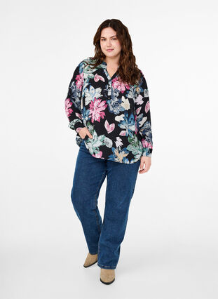 Zizzi Langærmet bluse med blomsterprint, Rose Flower AOP, Model image number 2