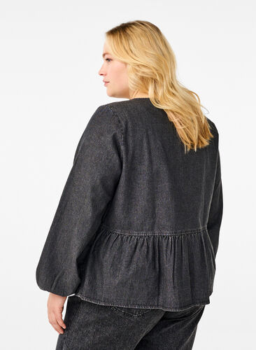 Zizzi Peplum bluse i denim med bindelukning, Dark Grey Denim, Model image number 1