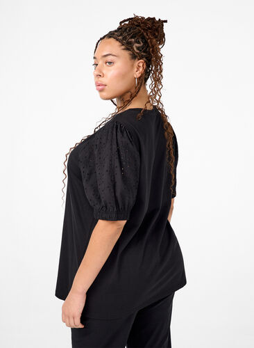 Zizzi Økologisk bomuldsbluse med broderi anglaise ærmer, Black, Model image number 1