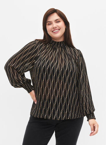 Zizzi Printet bluse med smock, Black Weaves AOP, Model image number 0