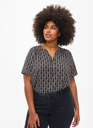 Zizzi Bluse med korte ærmer og v-udskæring , Black S.Graphic AOP, Model image number 0