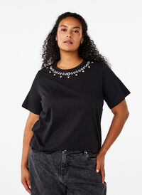 T-shirt med rund hals og rhinsten, Black, Model