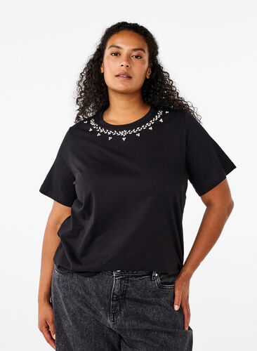 Zizzi T-shirt med rund hals og rhinsten, Black, Model image number 0