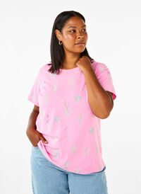 T-shirt i økologisk bomuld med blomsterprint, Rosebloom W. Flower, Model