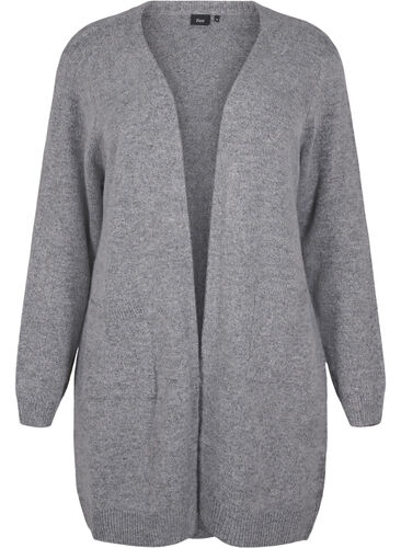 Zizzi Lang strik cardigan med lommer, Medium Grey Melange, Packshot image number 0