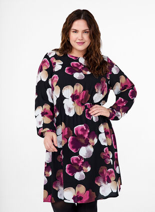 Zizzi Viskosekjole med print og lange ærmer, Black Pink FlowerAOP, Model image number 0