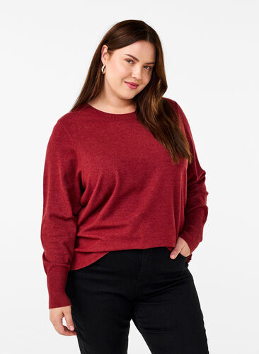 Zizzi FLASH - Strikbluse med rund hals, Merlot Mel., Model image number 0