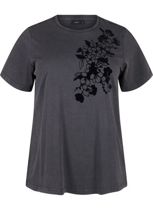 Zizzi T-shirt i økologisk bomuld med print, D.Grey Wash W. Flok, Packshot image number 0