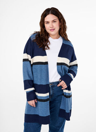 Zizzi Lang strikcardigan med brede striber, Bering Sea Mel. Comb, Model image number 0