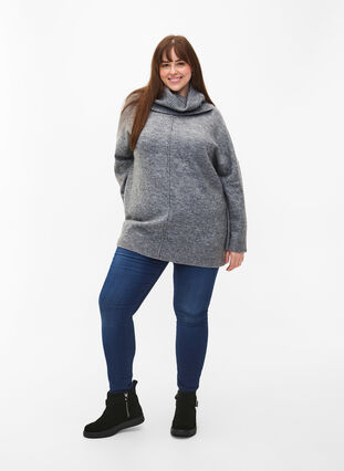 Zizzi Meleret striktrøje med rullekrave, Medium Grey Melange, Model image number 2