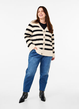 Zizzi Stribet strikcardigan med v-hals, Birch w. Black, Model image number 2