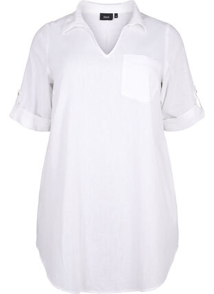 Zizzi Kortærmet tunika i bomuldsmix med hør , Bright White, Packshot image number 0