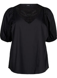 Kortærmet bluse med blondedetalje, Black