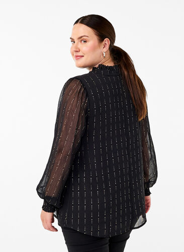 Zizzi Mønstret chiffonbluse med bindebånd, Black, Model image number 1