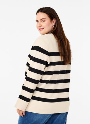 Zizzi Stribet strikcardigan med v-hals, Birch w. Black, Model image number 1