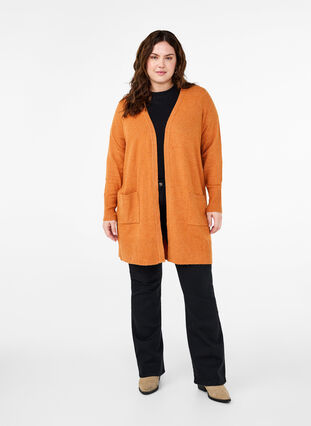 Zizzi Meleret strik cardigan med lommer, Marmelade White Mel., Model image number 2