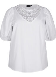 Kortærmet bluse med blondedetalje, Bright White