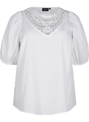 Zizzi Kortærmet bluse med blondedetalje, Bright White, Packshot image number 0