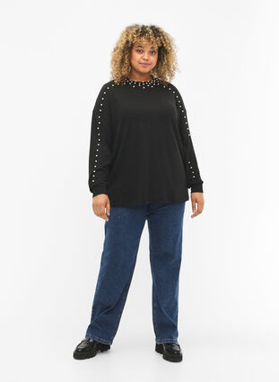 Zizzi Langærmet bluse med perler, Black, Model image number 2