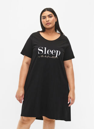 Zizzi Kortærmet natkjole i økologisk bomuld, Black Sleep, Model image number 0