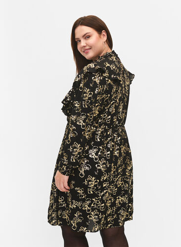 Zizzi Langærmet kjole med flæser og folieprint, Black Foil AOP, Model image number 1