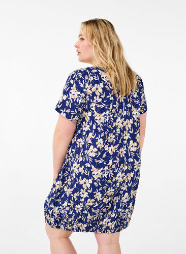 Zizzi Kortærmet bomuldskjole med blomsterprint, Blue W. Beige Flower, Model image number 1