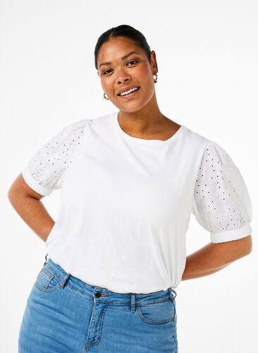 Zizzi Økologisk bomuldsbluse med broderi anglaise ærmer, Bright White, Model image number 0