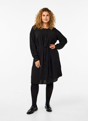 Zizzi Langærmet skjortekjole med bindebånd, Black, Model image number 2