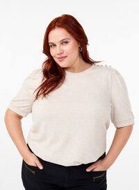 Bluse med knapdetalje og korte pufærmer, Oatmeal White Mel., Model