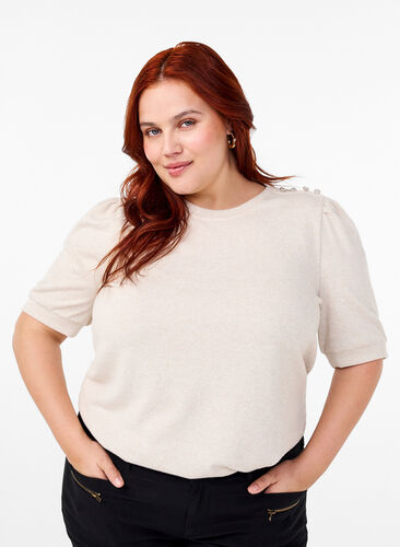 Zizzi Bluse med knapdetalje og korte pufærmer, Oatmeal White Mel., Model image number 0