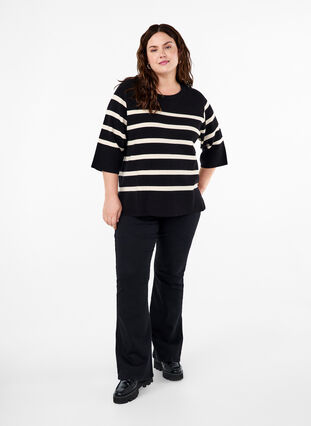 Zizzi 3/4 ærmet strikbluse med striber, Black Birch Stripes, Model image number 2