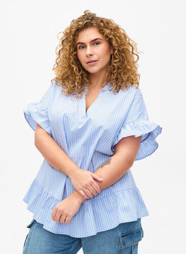 Zizzi Stribet bluse med peplum og flæsedetaljer, Blue Stripe, Model image number 0