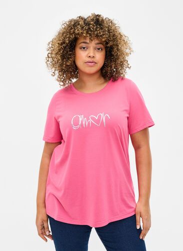 Zizzi FLASH - T-shirt med motiv, Hot Pink Amour, Model image number 0